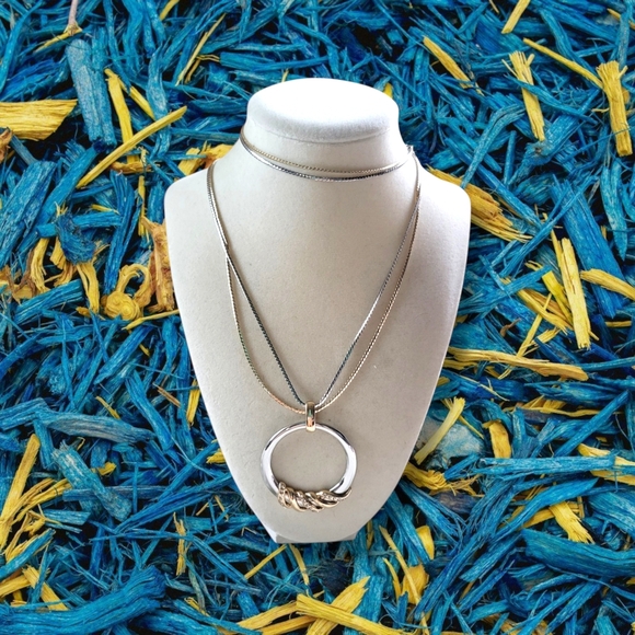 White House Black Market Jewelry - WHBM | Elegant Silver/Gold Tone Crystal Accent Circle Pendant Necklace